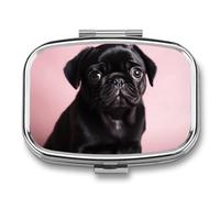 Square Pill Box Portable Holder Organizer Pill Case Mini Metal Medicine Box Cute Black Pug Printed Medicine Pill Dispenser Double Compartment for Pocket Or Purse