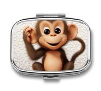 Square Pill Box Portable Holder Organizer Pill Case Mini Metal Medicine Box Cute Monkey Printed Medicine Pill Dispenser Double Compartment for Pocket Or Purse
