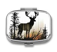 Square Pill Box Portable Holder Organizer Pill Case Mini Metal Medicine Box Deer Silhouette Printed Medicine Pill Dispenser Double Compartment for Pocket Or Purse