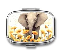 Square Pill Box Portable Holder Organizer Pill Case Mini Metal Medicine Box Elephant and Sunflower Printed Medicine Pill Dispenser Double Compartment for Pocket Or Purse