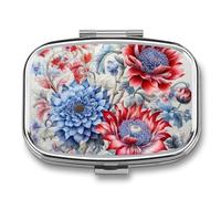 Square Pill Box Portable Holder Organizer Pill Case Mini Metal Medicine Box Red and Blue Flowers Printed Medicine Pill Dispenser Double Compartment for Pocket Or Purse