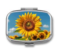 Square Pill Box Portable Holder Organizer Pill Case Mini Metal Medicine Box Sunflower Blooming Flowers Plants Printed Medicine Pill Dispenser Double Compartment for Pocket Or Purse