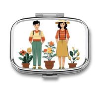 Square Pill Box Portable Holder Organizer Pill Case Mini Metal Medicine Box Village Life Printed Medicine Pill Dispenser Double Compartment for Pocket Or Purse