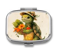 Square Pill Box Portable Metal Pill Case 2 Compartment Small Travel Pill Organizer Cute A Cartoon Turtle Vitamins Holder Organizer for Purse Pocket