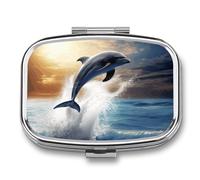 Square Pill Box Portable Metal Pill Case 2 Compartment Small Travel Pill Organizer Cute Beautiful Dolphin Vitamins Holder Organizer for Purse Pocket