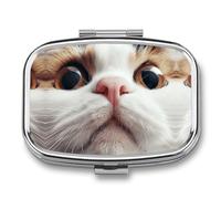 Square Pill Box Portable Metal Pill Case 2 Compartment Small Travel Pill Organizer Cute Brown Cat Face Vitamins Holder Organizer for Purse Pocket