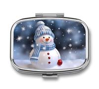 Square Pill Box Portable Metal Pill Case 2 Compartment Small Travel Pill Organizer Cute Christmas Happy Snowman Vitamins Holder Organizer for Purse Pocket