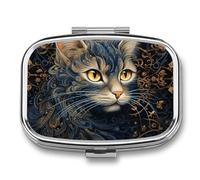Square Pill Box Portable Metal Pill Case 2 Compartment Small Travel Pill Organizer Cute Drawing of A Cat Vitamins Holder Organizer for Purse Pocket