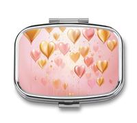 Square Pill Box Portable Metal Pill Case 2 Compartment Small Travel Pill Organizer Cute Golden Heart in The Vitamins Holder Organizer for Purse Pocket