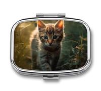 Square Pill Box Portable Metal Pill Case 2 Compartment Small Travel Pill Organizer Cute Kitten Walking on The Grass Vitamins Holder Organizer for Purse Pocket