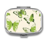 Square Pill Box Portable Metal Pill Case 2 Compartment Small Travel Pill Organizer Cute Lime Green Butterfly Vitamins Holder Organizer for Purse Pocket