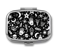 Square Pill Box Portable Metal Pill Case 2 Compartment Small Travel Pill Organizer Cute Mysterious Symbol Graphics Vitamins Holder Organizer for Purse Pocket