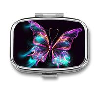 Square Pill Box Portable Metal Pill Case 2 Compartment Small Travel Pill Organizer Cute Neon Butterfly Vitamins Holder Organizer for Purse Pocket