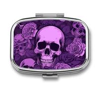 Square Pill Box Portable Metal Pill Case 2 Compartment Small Travel Pill Organizer Cute Purple Skulls and Roses Vitamins Holder Organizer for Purse Pocket