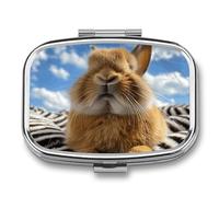 Square Pill Box Portable Metal Pill Case 2 Compartment Small Travel Pill Organizer Cute Rabbit Closes His Eyes Vitamins Holder Organizer for Purse Pocket