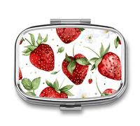 Square Pill Box Portable Metal Pill Case 2 Compartment Small Travel Pill Organizer Cute Red Strawberry Flower Vitamins Holder Organizer for Purse Pocket