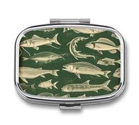 Square Pill Box Portable Metal Pill Case 2 Compartment Small Travel Pill Organizer Cute Retro Fish Vitamins Holder Organizer for Purse Pocket