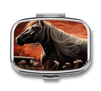 Square Pill Box Portable Metal Pill Case 2 Compartment Small Travel Pill Organizer Cute Romantic Mustang Vitamins Holder Organizer for Purse Pocket