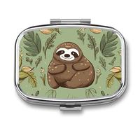 Square Pill Box Portable Metal Pill Case 2 Compartment Small Travel Pill Organizer Cute Sloth on The Grass Vitamins Holder Organizer for Purse Pocket