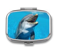 Square Pill Box Portable Metal Pill Case 2 Compartment Small Travel Pill Organizer Cute Smiling Face Dolphins Vitamins Holder Organizer for Purse Pocket