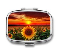 Square Pill Box Portable Metal Pill Case 2 Compartment Small Travel Pill Organizer Cute Sunset Sunflower Vitamins Holder Organizer for Purse Pocket