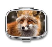 Square Pill Box Portable Metal Pill Case 2 Compartment Small Travel Pill Organizer Cute The Fox Looks Into The Distance Vitamins Holder Organizer for Purse Pocket