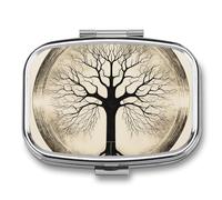 Square Pill Box Portable Metal Pill Case 2 Compartment Small Travel Pill Organizer Cute Tree Line Drawing Vitamins Holder Organizer for Purse Pocket