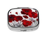 Square Pill Box Red Poppy Flower Printed 2 Compartment Medicine Pill Case Metal Decorative Pill Box for Pocket Or Purse Pill Box