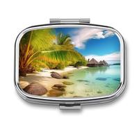 Square Pill Box Tropical Beach Scenery Pill Case for Purse & Pocket 2 Compartment Medicine Pill Organizer Portable Travel Pillbox Medicine Vitamin Cod Liver Oil Storage Box