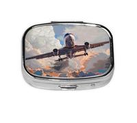Square Pill Box with 2 Compartment Medicine Case, Portable Travel Pill Case for Pocket or Purse, Airplane Art