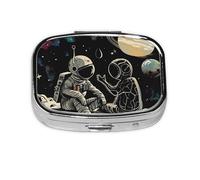 Square Pill Box with 2 Compartment Medicine Case, Portable Travel Pill Case for Pocket or Purse, Astronaut and Alien