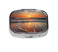 Square Pill Box with 2 Compartment Medicine Case, Portable Travel Pill Case for Pocket or Purse, Beach Sunset
