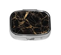 Square Pill Box with 2 Compartment Medicine Case, Portable Travel Pill Case for Pocket or Purse, Black Gold Marble