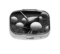 Square Pill Box with 2 Compartment Medicine Case, Portable Travel Pill Case for Pocket or Purse, Black and White Golf