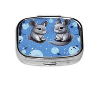 Square Pill Box with 2 Compartment Medicine Case, Portable Travel Pill Case for Pocket or Purse, Blue Chinchillas and Moon