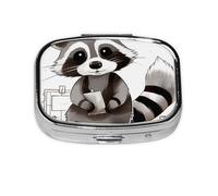 Square Pill Box with 2 Compartment Medicine Case, Portable Travel Pill Case for Pocket or Purse, Cartoon Cute Raccoon