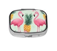 Square Pill Box with 2 Compartment Medicine Case, Portable Travel Pill Case for Pocket or Purse, Cartoon Flamingo Pineapples