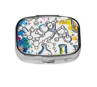 Square Pill Box with 2 Compartment Medicine Case, Portable Travel Pill Case for Pocket or Purse, Chemistry Print