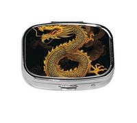 Square Pill Box with 2 Compartment Medicine Case, Portable Travel Pill Case for Pocket or Purse, Chinese Golden Yellow Dragon