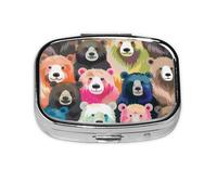 Square Pill Box with 2 Compartment Medicine Case, Portable Travel Pill Case for Pocket or Purse, Colorful Bears