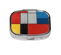 Square Pill Box with 2 Compartment Medicine Case, Portable Travel Pill Case for Pocket or Purse, Composition in Red Yellow Blue and Black