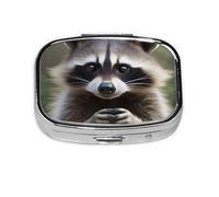 Square Pill Box with 2 Compartment Medicine Case, Portable Travel Pill Case for Pocket or Purse, Cute Raccoon