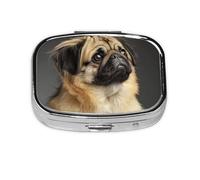 Square Pill Box with 2 Compartment Medicine Case, Portable Travel Pill Case for Pocket or Purse, Cute Pug Dog