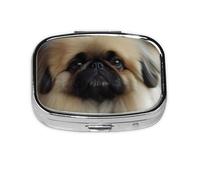 Square Pill Box with 2 Compartment Medicine Case, Portable Travel Pill Case for Pocket or Purse, Cute Pekingese