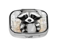 Square Pill Box with 2 Compartment Medicine Case, Portable Travel Pill Case for Pocket or Purse, Cute Raccoon