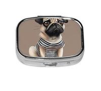 Square Pill Box with 2 Compartment Medicine Case, Portable Travel Pill Case for Pocket or Purse, Cute Pug Dog 1