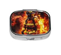 Square Pill Box with 2 Compartment Medicine Case, Portable Travel Pill Case for Pocket or Purse, Firefighter Fireman Flame