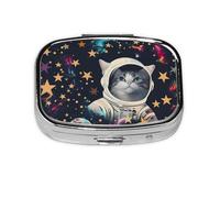 Square Pill Box with 2 Compartment Medicine Case, Portable Travel Pill Case for Pocket or Purse, Fun cat Astronaut