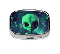 Square Pill Box with 2 Compartment Medicine Case, Portable Travel Pill Case for Pocket or Purse, Green Alien