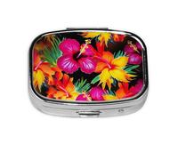 Square Pill Box with 2 Compartment Medicine Case, Portable Travel Pill Case for Pocket or Purse, Hawaiian Colorful Flower
